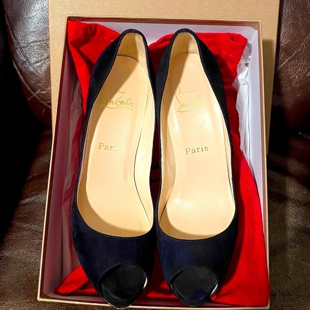 Christian Louboutin Very Prive  120mm Veau velour platform Peep pump EU 38.5 - Picture 2 of 8